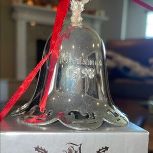Towle 1998 Silver Bell Ornament with Red Ribbon